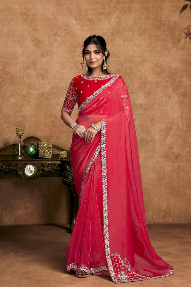 Red Floral Embroidered Satin Saree (ACA6573)