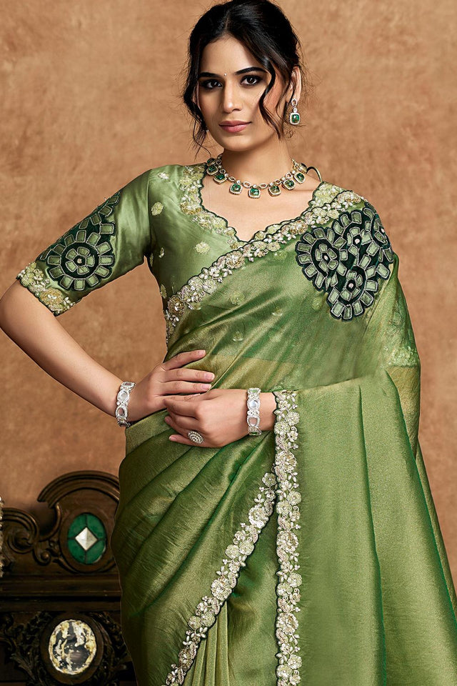 Green Floral Embroidered Satin Saree (ACA6574)