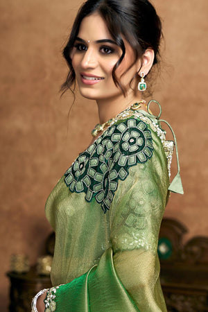 Green Floral Embroidered Satin Saree (ACA6574)