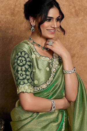 Green Floral Embroidered Satin Saree (ACA6574)