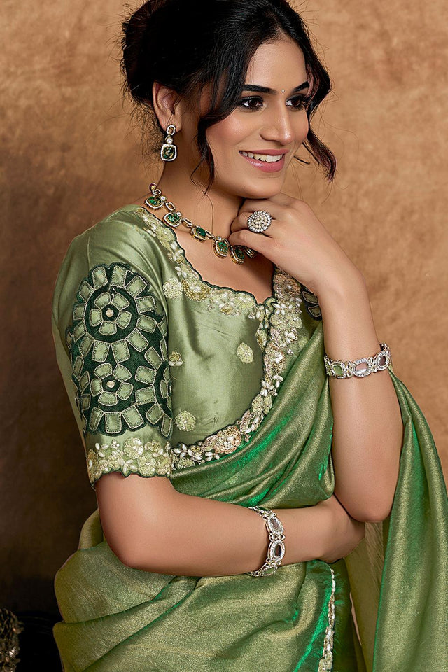 Green Floral Embroidered Satin Saree (ACA6574)