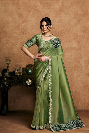 Green Floral Embroidered Satin Saree (ACA6574)