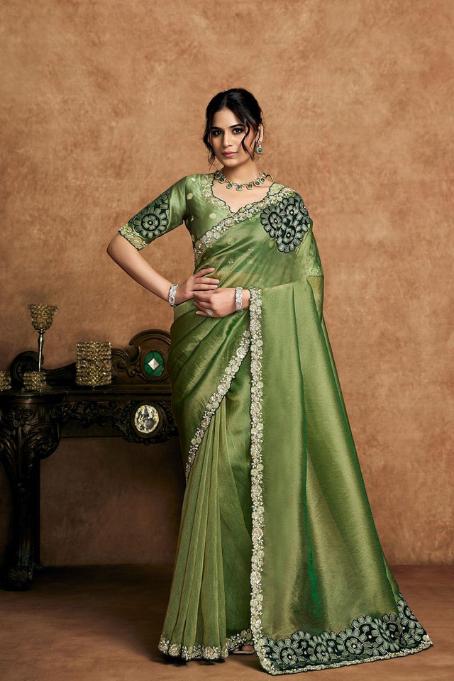 Green Floral Embroidered Satin Saree (ACA6574)