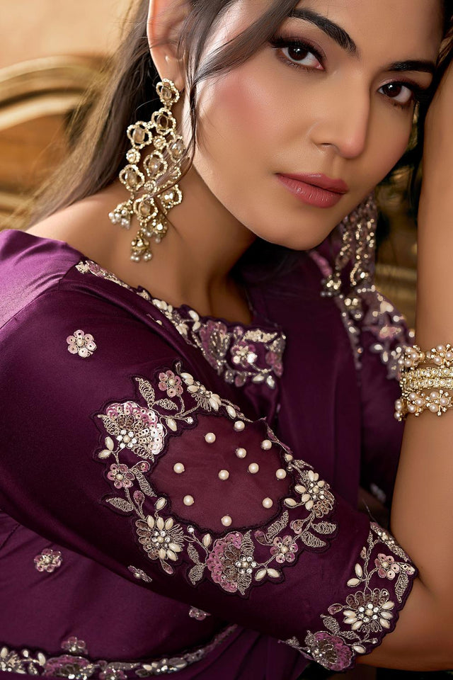Wine Floral Embroidered Satin Saree (ACA6575)