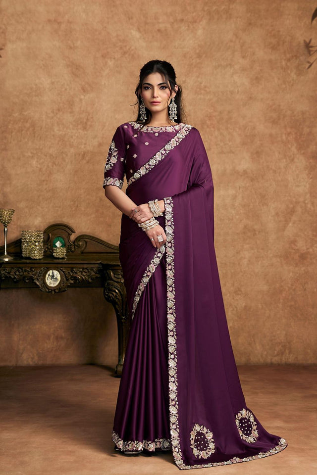 Wine Floral Embroidered Satin Saree (ACA6575)