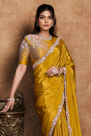 Mustard Floral Embroidered Satin Saree (ACA6576)