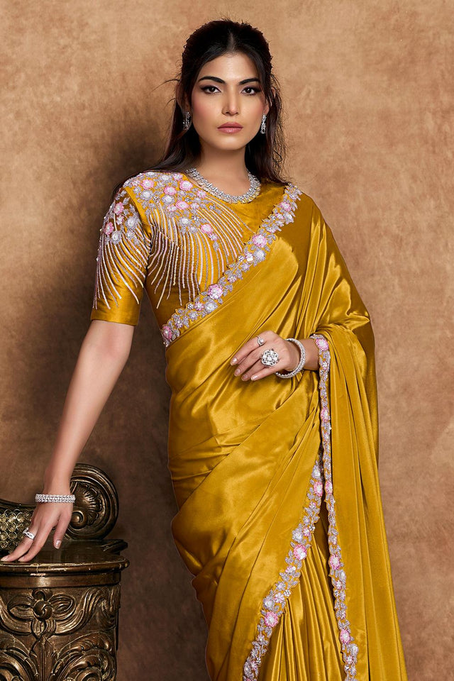 Mustard Floral Embroidered Satin Saree (ACA6576)