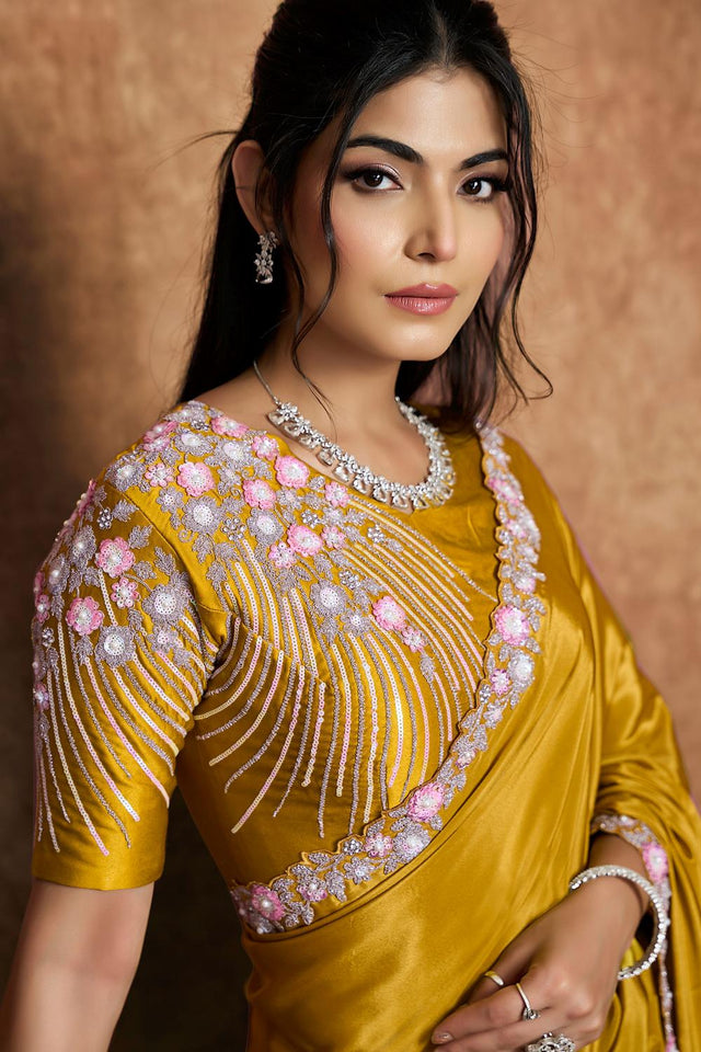 Mustard Floral Embroidered Satin Saree (ACA6576)