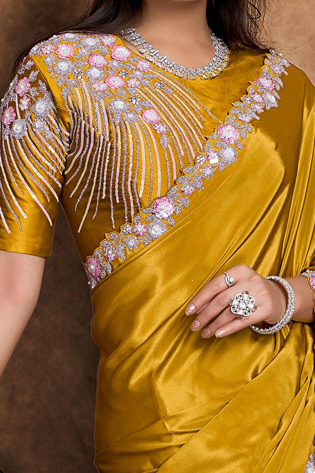 Mustard Floral Embroidered Satin Saree (ACA6576)