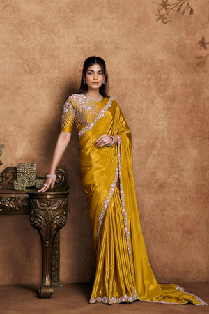 Mustard Floral Embroidered Satin Saree (ACA6576)