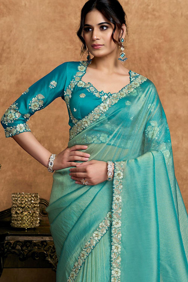 Turquoise Embroidered Satin Saree (ACA6577)