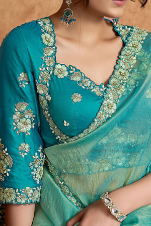 Turquoise Embroidered Satin Saree (ACA6577)