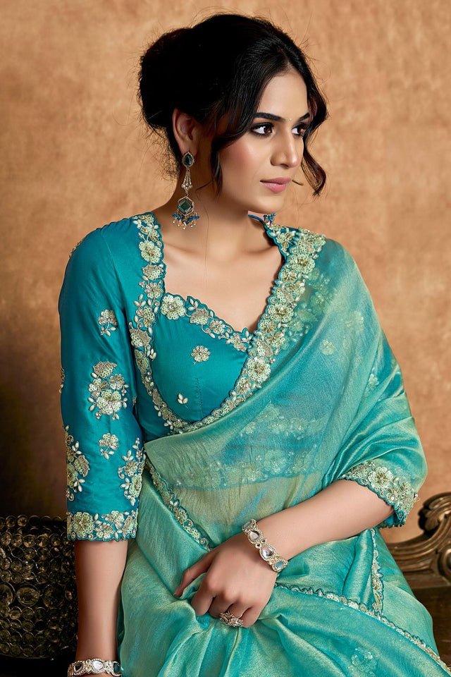 Turquoise Embroidered Satin Saree (ACA6577)