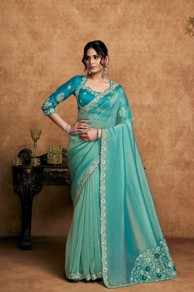 Turquoise Embroidered Satin Saree (ACA6577)