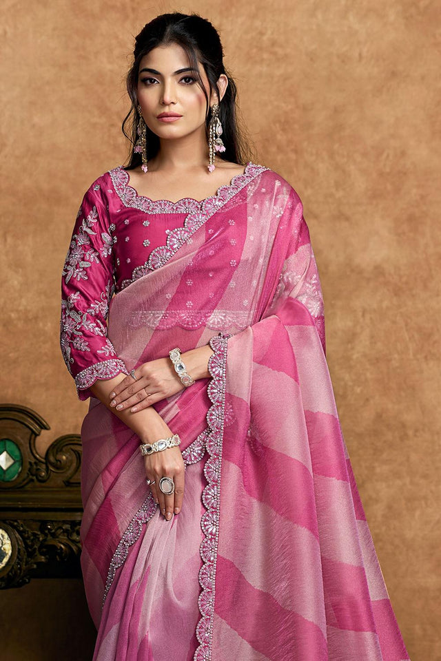 Pink Embroidered Organza Saree (ACA6578)