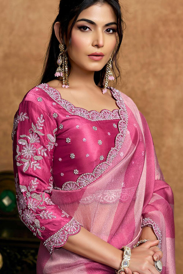 Pink Embroidered Organza Saree (ACA6578)