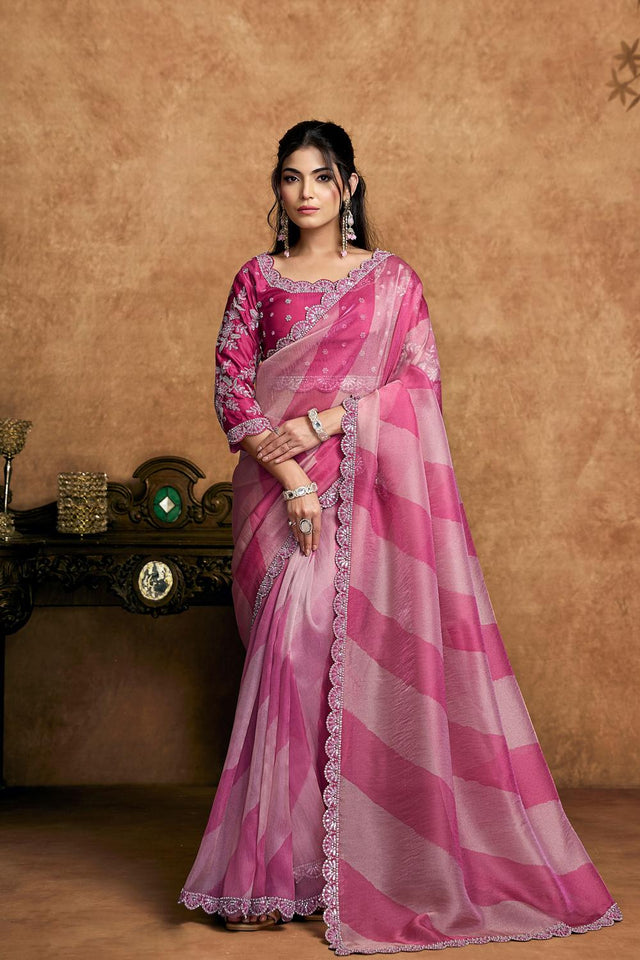 Pink Embroidered Organza Saree (ACA6578)