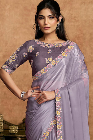 Lavender Embroidered Satin Saree (ACA6579)