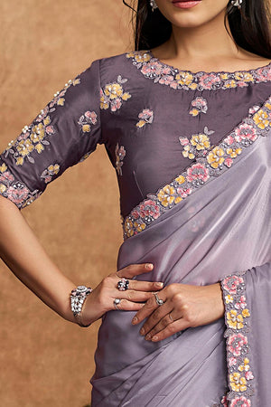Lavender Embroidered Satin Saree (ACA6579)