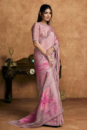 Pink Embroidered Crepe Saree (ACA6580)