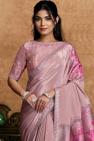Pink Embroidered Crepe Saree (ACA6580)