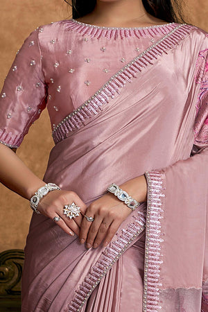 Pink Embroidered Crepe Saree (ACA6580)