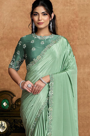 Green Embroidered Satin Saree (ACA6581)