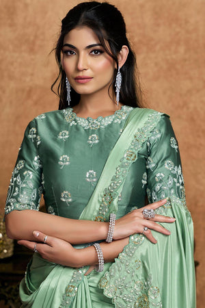 Green Embroidered Satin Saree (ACA6581)