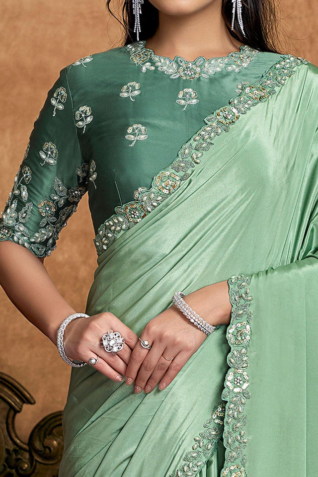 Green Embroidered Satin Saree (ACA6581)
