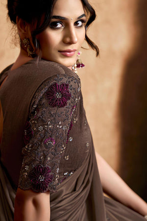 Brown Embroidered Satin Saree (ACA6582)