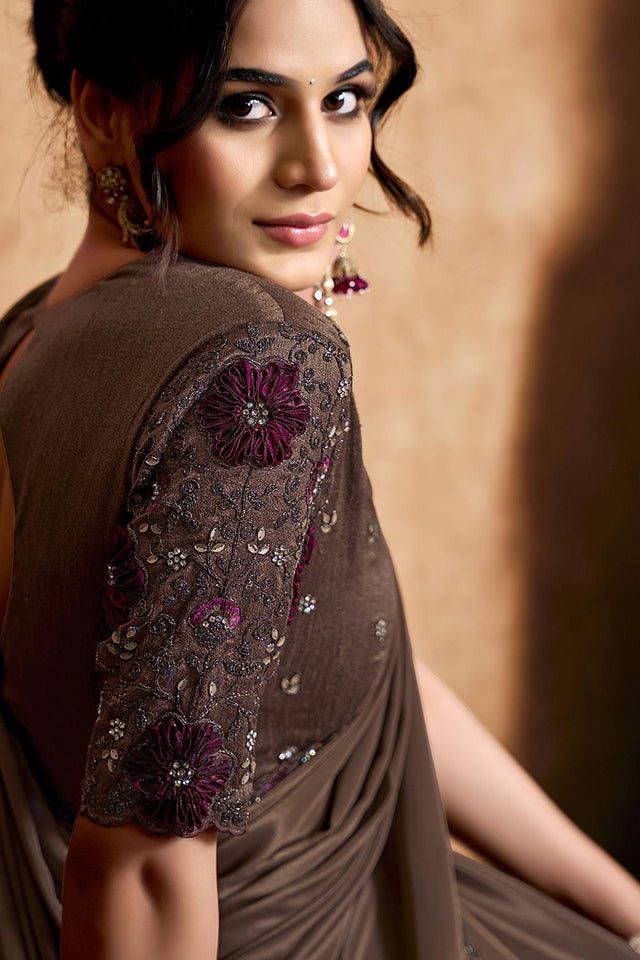 Brown Embroidered Satin Saree (ACA6582)
