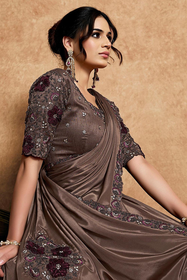 Brown Embroidered Satin Saree (ACA6582)