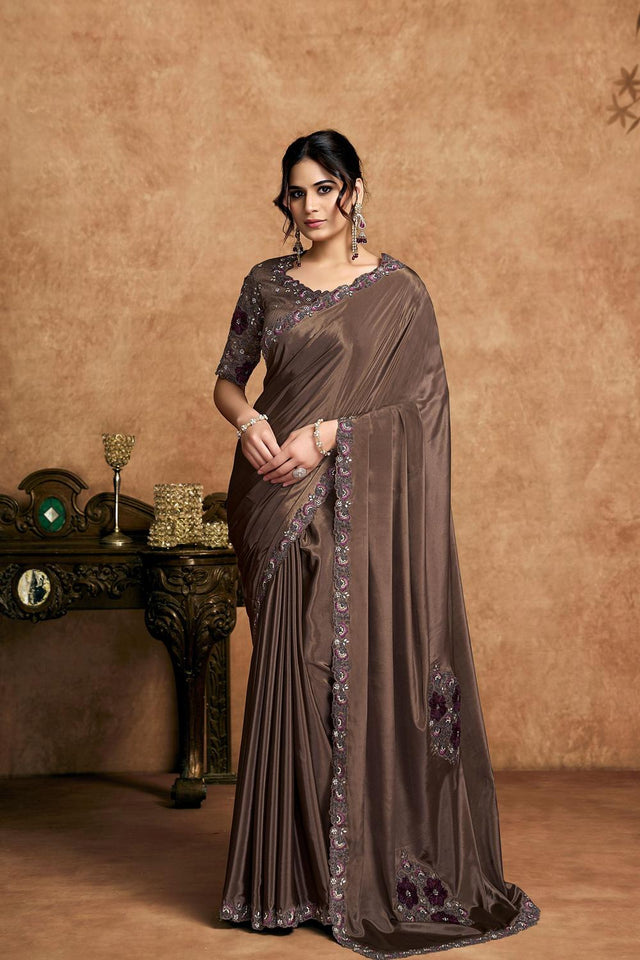 Brown Embroidered Satin Saree (ACA6582)