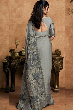 Grey Floral Embroidered Satin Saree (ACA6583)