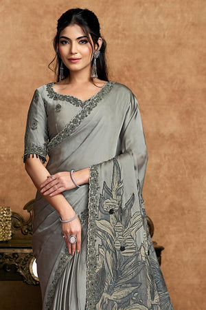 Grey Floral Embroidered Satin Saree (ACA6583)