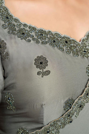 Grey Floral Embroidered Satin Saree (ACA6583)