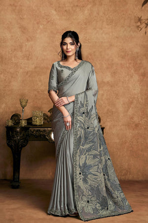 Grey Floral Embroidered Satin Saree (ACA6583)