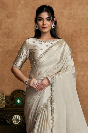 White Floral Embroidered Silk Saree (ACA6584)