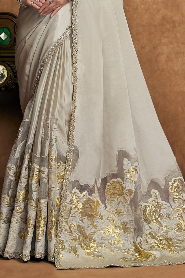 White Floral Embroidered Silk Saree (ACA6584)