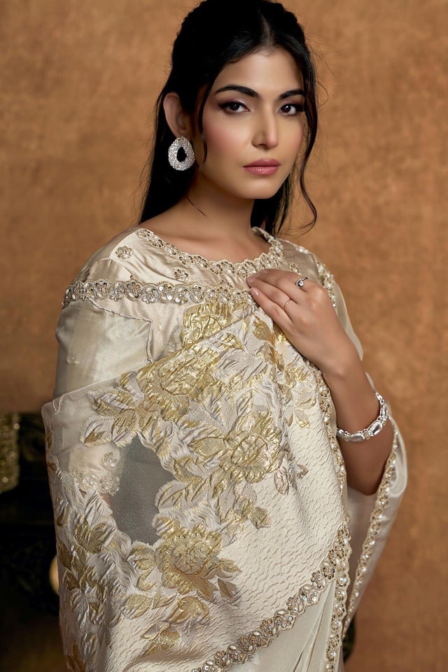 White Floral Embroidered Silk Saree (ACA6584)