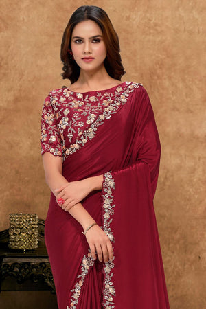 Maroon Floral Embroidered Georgette Saree (ACA6585)