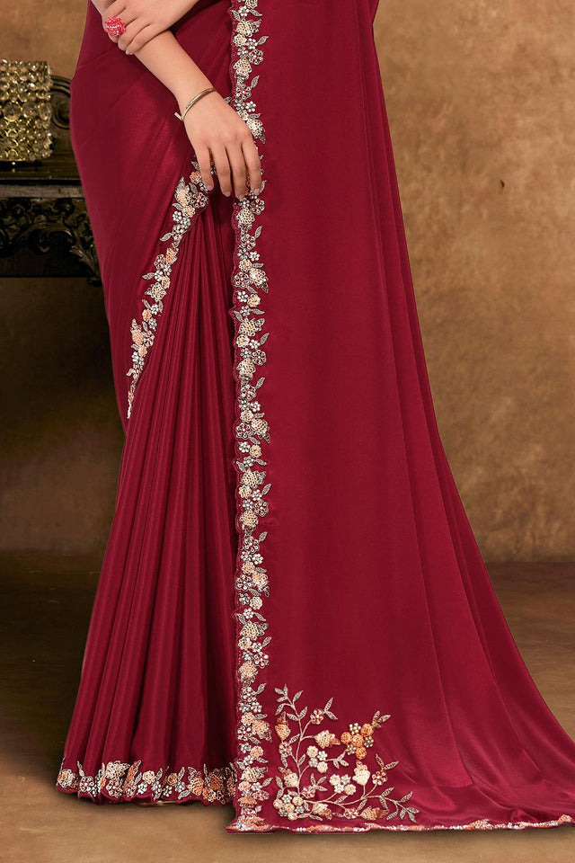 Maroon Floral Embroidered Georgette Saree (ACA6585)