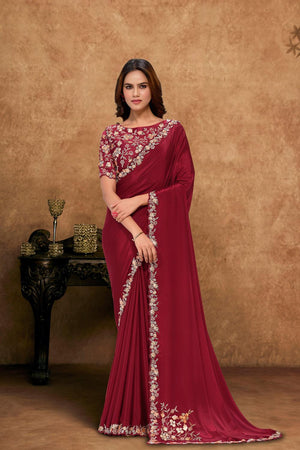 Maroon Floral Embroidered Georgette Saree (ACA6585)