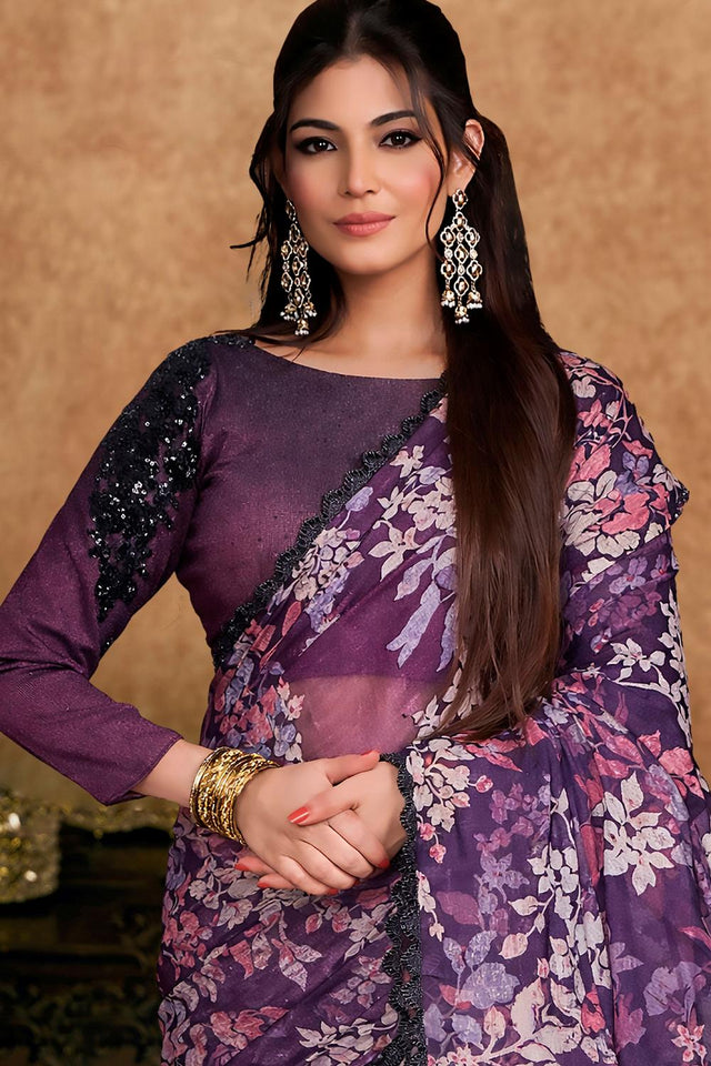 Wine Embroidered Brasso Saree (ACA6586)