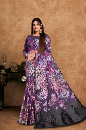 Wine Embroidered Brasso Saree (ACA6586)