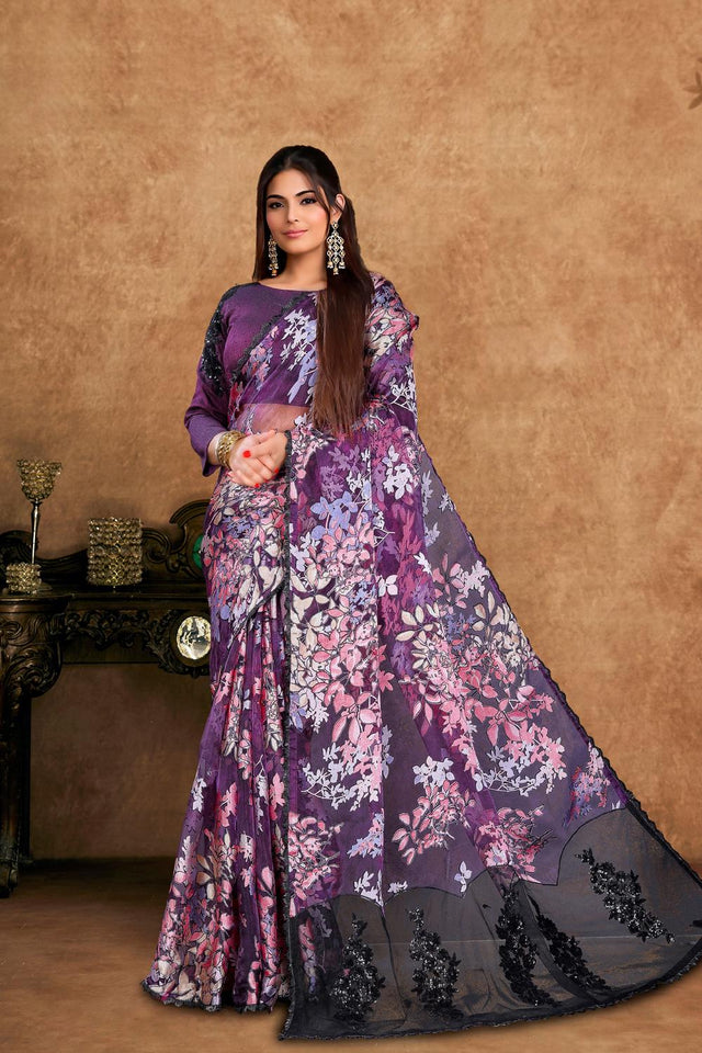 Wine Embroidered Brasso Saree (ACA6586)