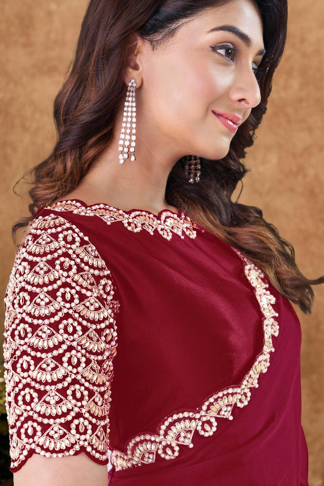 Red Embroidered Silk Saree (ACA6587)