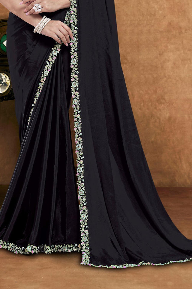 Black Embroidered Silk Saree (ACA6588)