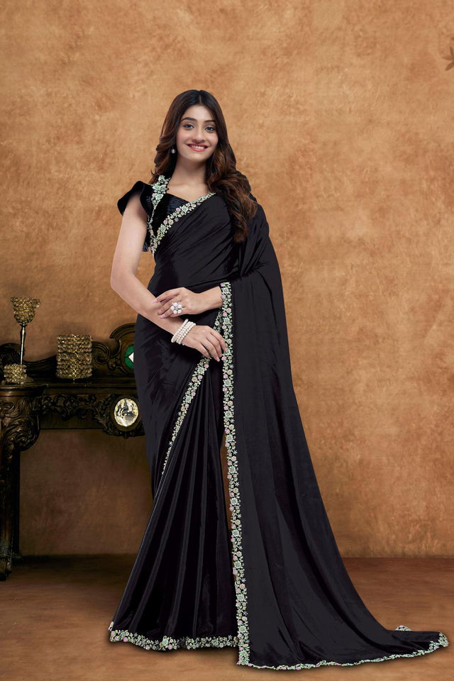 Black Embroidered Silk Saree (ACA6588)