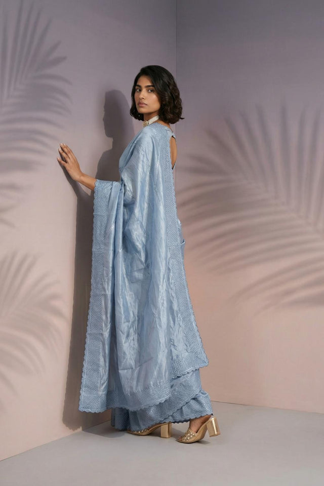 Blue Embroidered Silk Saree (ACA6597)